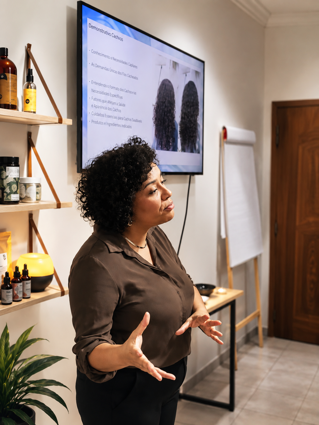 Michelle apresentando o workshop de cachos